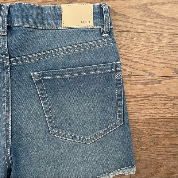 AERO High Rise Stretchy Midi Denim Shorts - Frayed Hem - Medium Denim Blue - Picture 7 of 11